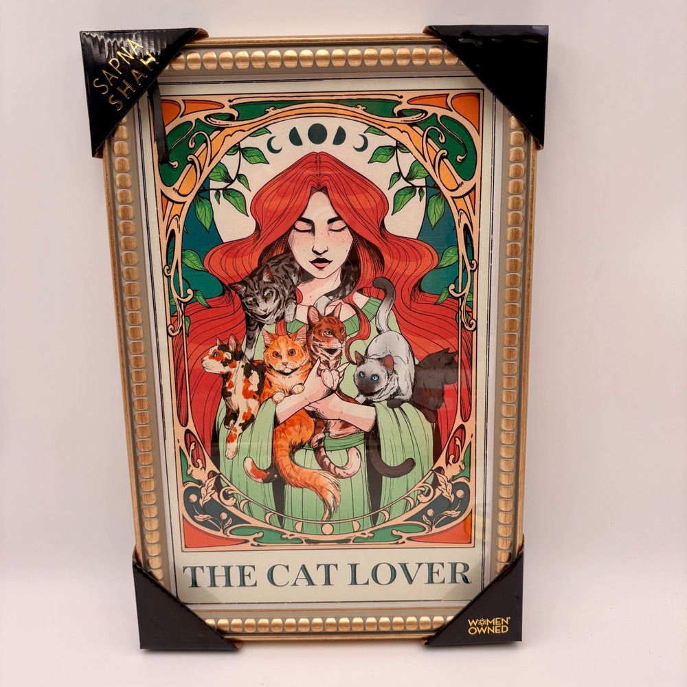 Sapna Shah The Cat Lover Framed Art Print Art Nouveau Style 12x18 Gold Frame NEW